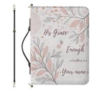 Drnuikhe Personalized Bible Cover for Women, Medium Bible Cover Case with Name, II Corinthians 12:9 Bible Protecto with Strap Handle Inner Pockets and Pen Loop,Christian Gifts for Mother, White