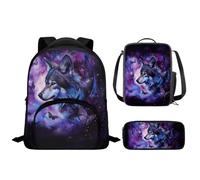 Drnuikhe Planet Wolf Printed Backpack for Kids Boys Backpack with Lunch Box and Soft Pencil Case 12 Inch Schoolbag and Pencil Bag Set for Preschool Kindergarten Elementary for School Teens