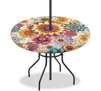 Drnuikhe Retro Bohemian Style Outdoor Round Tablecloth Waterproof with Parasol Hole and Zipper, Table Cover Wipe Clean with Elastic Edges for Garden Table Picnic Party