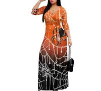 Drnuikhe Scary Spooky Bat Print Halloween Costume Short Sleeve Casual Flowy Long Dress 3/4 Sleeve V Neck Wrap Dress with Belt