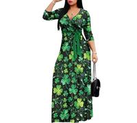 Drnuikhe St Patricks Day Dresses for Women Irish Shamrock Graphic Formal Wedding Guest 3/4 Long Sleeve A-Line Swing V Neck Midi Tea Prom Dress Funny Lucky Heart Printed
