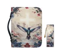 Drnuikhe Women Waterproof PU Bible Carrying Book Case with Handle and Zipper Pocket Leather Church Bag for Bible Packaging, Hummingbird Flower, XXL