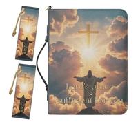 Drnuikhe XL Bible Cover for Men, PU Leather Bible Case Comes with 2 Bookmarks, II Corinthians 12:9 Crucifix Print Bible Organizer with Inner Pockets and Pen Loop, Bible Accessories for Men, Gold