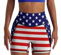 DROEYROEST High Waisted Biker Shorts for Women Running Sports Workout Yoga Shorts with Pockets, American Flag, L