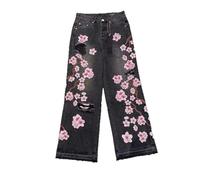 DROLA Unisex Y2K Gothic Streetwear Cherry Blossom Embroidered Jeans - Retro Straight-Leg Pants Black