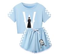 DROLA Wed-nesday Addam 100% Cotton Set, T-shirt and Shorts Sets Short Sleeves Homewear for Kids Boys and Girls Light Blue