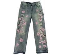 DROLA Y2K Street Gothic Cherry Blossom Embroidered Jeans - Unisex Retro Fashion Straight-Leg Pants for Euro-American Cross-Border Blue