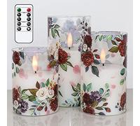 DRomance Flameless Flickering Candles with 6 Hour Timer, Set of 3 Rose Decals Battery Operated LED Glass Candles Yellow Light 3D Wick Real Wax Dinner Wedding Christmas Decor Candles(3 x 4,5,6 Inch)