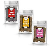Drool Pet Products | 100% Pure Dried Fresh Meat | Triple pack Beef, Chicken, Turkey Meaty Strips for Dogs 3 x 150g | Air-Dried Nibbles Dog Chews for Dogs & Puppies