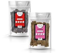 Drool Pet Products | 100% Pure Dried Fresh Meat | Twin pack Beef, Turkey Meaty Strips for Dogs 2 x 150g | Air-Dried Nibbles Dog Chews for Dogs & Puppies