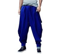 Drop Crotch Harem Pants Men Cotton Linen Casual Summer Beach Yoga Trousers Boho Hippie Aladdin Genie Tapered Trousers Stacked Pants Elasticat Waist Drawstring Jogger Sweatpants Blue