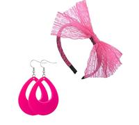 Drop Earrings and Big Lace Bow Headband Set Neon Pink Headband for Halloween Party Decorations and Costume Themes 80s Halloween Accessories for Women