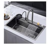 Drop in Kitchen Sink, Undermount Kitchen Sink, Home Kitchen Black Single Basin Wash Basin Multi -Function Waterfall Out Water Faucet(72X45X20Cm)