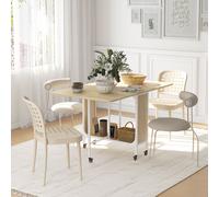 HOMCOM Drop Leaf Folding Extendable Dining Table on Wheels with Storage Shelf - Natural Wood, Brown