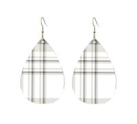 Drop Leather Earrings Gray White Plaid Patten