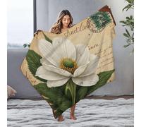 DRPZ Baby Blanket A Vintage Postcard Featuring A White Flower With Green Leaves Flannel Blanket Thick Blanket Soft Blanket(125x150cm)