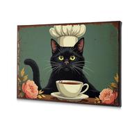 DRPZ Bathroom Decorations A Black Cat Wearing A Chef'S Hat Sits Behind A Cup Of Tea, Surrounded By Flowers Canvas Decorative Picture Baptism Decorations The Chosen(40x60cm)