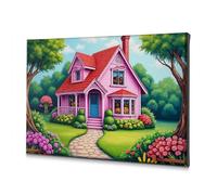 DRPZ Bathroom Decorations A Charming Pink Cottage Surrounded By Vibrant Flowers Canvas Decorative Picture Baptism Decorations The Chosen(20x30cm)