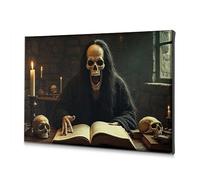 DRPZ Bathroom Wall Decor A Skeletal Figure Reads An Ancient Book By Candlelight Canvas Decorative Picture Easter Decoration Wall Art(20x30cm)