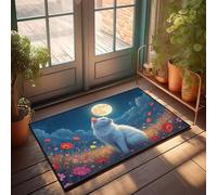 DRPZ Bedroom Door Decorations A White Cat Sits In A Field Of Flowers Under A Full Moon Doormat Decor For Man Cave The Room Decorations(40X60CM)