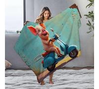 DRPZ Blankets Queen Size A Happy Pig Rides A Blue Scooter Flannel Blanket Thick Blanket Small Blanket(150x200cm)