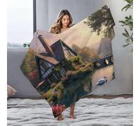 DRPZ Blankets Queen Size A Picturesque Cottage By A Serene Lake With A Swan Floating On The Water Flannel Blanket Thick Blanket Small Blanket(127x100cm)