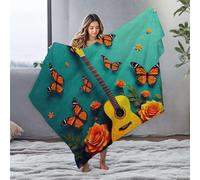 DRPZ Blankets Yellow Guitar Surrounded By Orange Butterflies And Flowers Flannel Blanket Personalized Baby Blanket Easter Gifts(150x200cm)