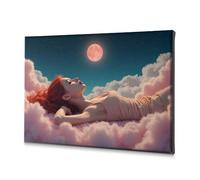 DRPZ Coastal Wall Art A Woman Lying On Pink Clouds Under A Full Moon Canvas Decorative Picture Easter Decor Decorative Plates(30x40cm)