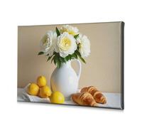 DRPZ Coastal Wall Art White Peonies Lemons And Croissants On A Table Canvas Decorative Picture Easter Decor Decorative Plates(40x60cm)