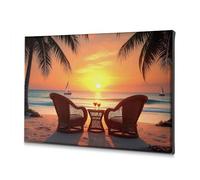 DRPZ Easter Decorations Two Chairs On The Beach With Drinks, Palm Trees, And A Sunset Canvas Decorative Picture Bathroom Decorations Decorations For Living Room(20x30cm)