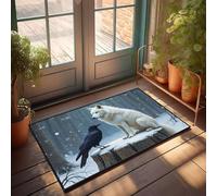 DRPZ Fall Porch Mat A White Wolf And A Black Crow Stand On A Snowy Stump In A Winter Forest Doormat Spring Door Mat Outdoor Small Welcome Mat(50X80CM)