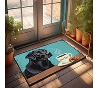 DRPZ Farm Rug A Black Dog Enjoys A Cup Of Dark Roast Coffee With Cookies Doormat Spring Door Mats For Outside Entry Retro Rugs(40X60CM)