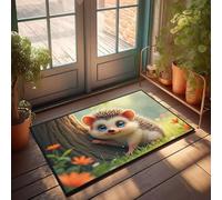 DRPZ Farm Rug A Cute Hedgehog With Big Blue Eyes Is Hiding Behind A Tree In A Sunny Forest Doormat Spring Door Mats For Outside Entry Retro Rugs(50X80CM)