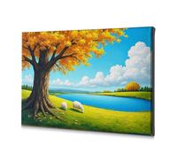 DRPZ Home Wall Decor Sheep Grazing Under A Golden Tree By The River Canvas Decorative Picture Room Decor Living Room Decor Wall(20x30cm)