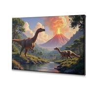 DRPZ Home Wall Decor Two Dinosaurs Stand Near A River With An Erupting Volcano In The Background Canvas Decorative Picture Room Decor Living Room Decor Wall(40x60cm)