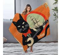 DRPZ Large Blanket A Black Cat In A Suit Plays A Banjo With A Ship In The Background Flannel Blanket Soft Blanket Blankets Queen Size(127x100cm)