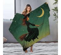 DRPZ Mom Blanket A Witch Flies On A Broomstick Under A Crescent Moon Flannel Blanket Plush Blanket Big Blanket(125x150cm)