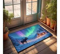 DRPZ Outdoor Winter Rug A Moose Stands In Front Of A Cozy Cabin Under The Northern Lights Doormat Man Cave Furniture Office Decor For Men(50X80CM)