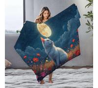 DRPZ Small Blanket A White Cat Sits In A Field Of Flowers Under A Full Moon Flannel Blanket Blanket Queen Size Easter Throw Blanket(125x150cm)