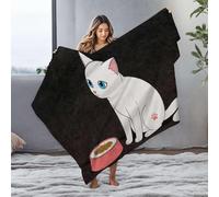 DRPZ Small Blanket A White Cat With Blue Eyes Sits Beside An Empty Food Bowl Flannel Blanket Blanket Queen Size Easter Throw Blanket(150x200cm)