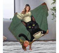DRPZ Soft Blanket A Black Cat Wearing A Chef'S Hat Sits Behind A Cup Of Tea, Surrounded By Flowers Flannel Blanket Blanket Queen Size Throw Blanket For Couch(150x200cm)