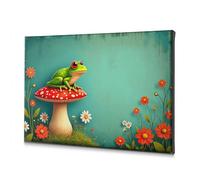 DRPZ Spring Decor A Frog Sits On A Red Mushroom Surrounded By Colorful Flowers Canvas Decorative Picture Bathroom Decorations Baptism Decorations(40x60cm)