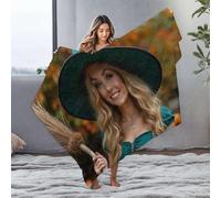 DRPZ Waterproof Blanket A Witch In A Green Hat Holding A Broomstick Flannel Blanket White Blanket King Size Throw Blanket For Bed(150x200cm)