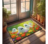 DRPZ Welcome Doormat Outdoor Entrance Hello Five Cute Ghosts In A Colorful Flower Field Doormat Outdoor Porch Decor Cool Room Accessories For Teen(50X80CM)