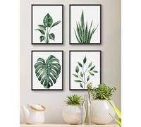 Drsoum Botanical Canvas Framed Wall Art Watercolor Green Leaf Tropical Plant Art Prints Boho Wall Decor for Bedroom Bathroom Kitchen Home Office Decorations 8"x 10"x 4pcs Black Framed