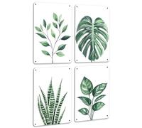 Drsoum Botanical Plant Framed Wall Metal Signs Art Boho Bathroom Wall Decor Sage Green Tropical Leaf Prints Minimalist Aesthetic Bedroom Ready to Hang Set of 4, 12x8 in