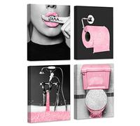 Drsoum Glam Fashion Bathroom Wall Decor Prints Glitter Tissue Canvas Posters Black and Pink Wall Art Modern Women Funny Bathroom Wall Paintings Set of 4, 8x10 in (Framed)
