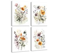 Drsoum Wildflower Bouquet Boho Framed Wall Art Wooded Minimalist Aesthetic Botanical Flower Prints Modern Plants Bathroom Kitchen Home Decor Ready to Hang 12x16inx4pcs (Framed)