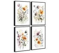 Drsoum Wildflower Bouquet Boho Framed Wall Art Wooded Minimalist Aesthetic Botanical Flower Prints Modern Plants Bathroom Kitchen Home Decor Ready to Hang 11x14inx4pcs (Black Framed)