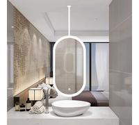 Drsyffsup Ceiling Mount LED Bathroom Mirror, Wall Mounted Makeup Mirror with Lights, Modern Oval White Hanging Rod Mirrors Dimmable Vanity Mirror for Living Room Entryway Decorative(50cmx70cm)